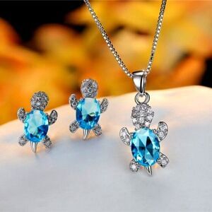 AQUA MARINE CUBIC TOURMALINE TURTLE NECKLACE & EARRING SET
